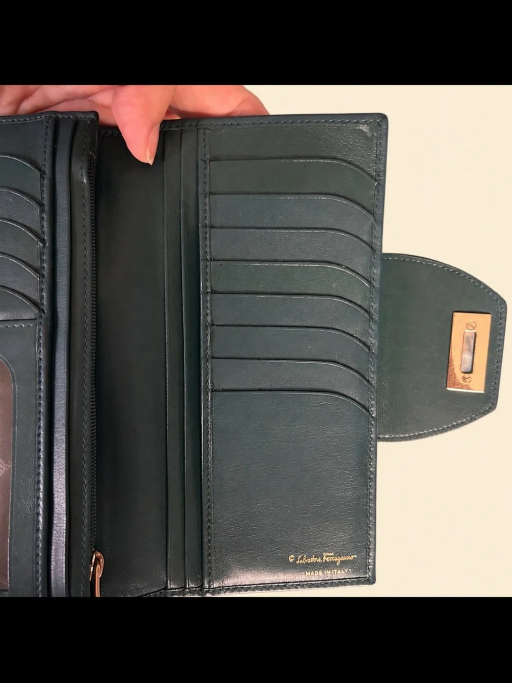 Salvatore Ferragamo PEACOCK Teal Leather Continental Wallet EUC